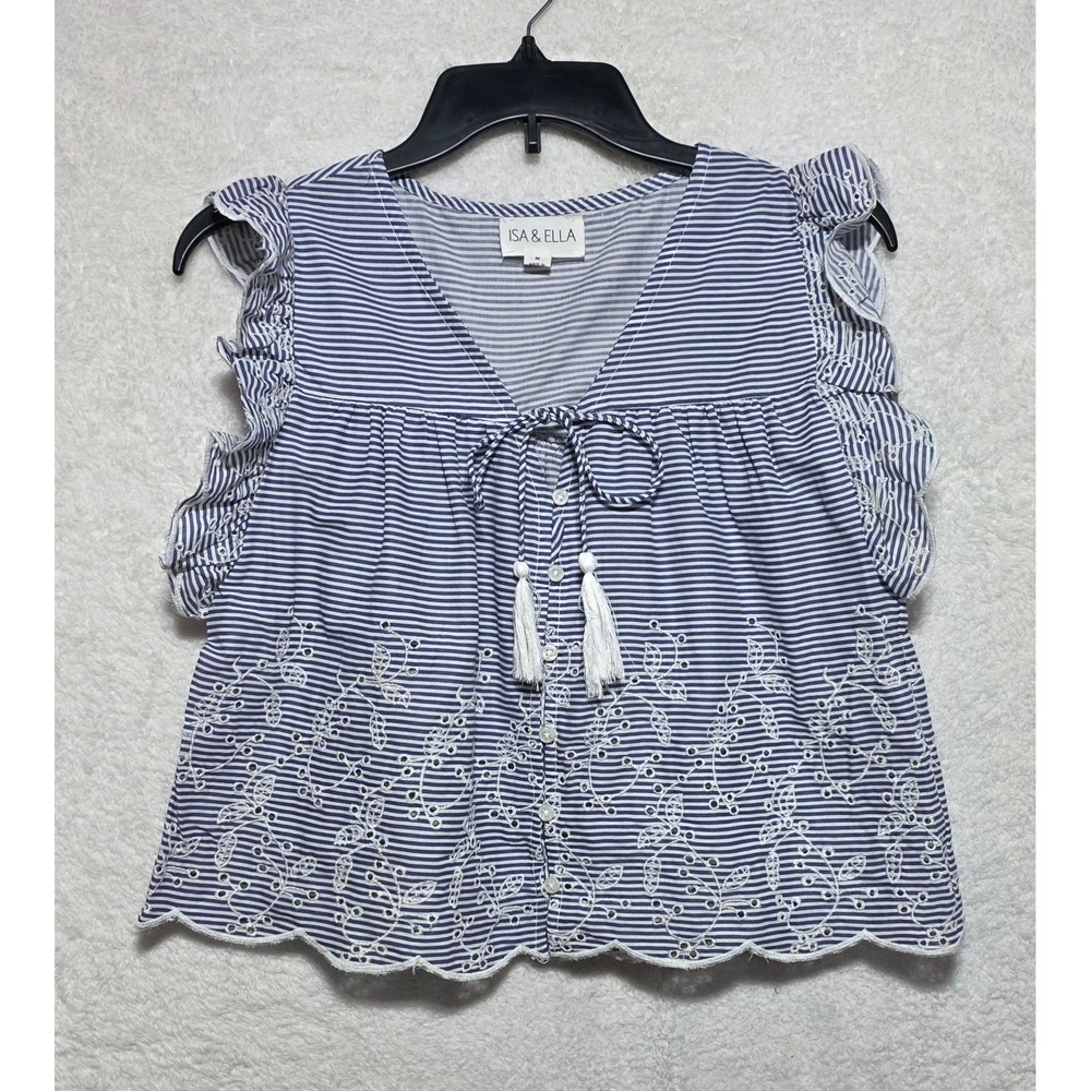 Isa & Ella Blue White Striped Eyelet Ruffle Tassel Babydoll Blouse Medium